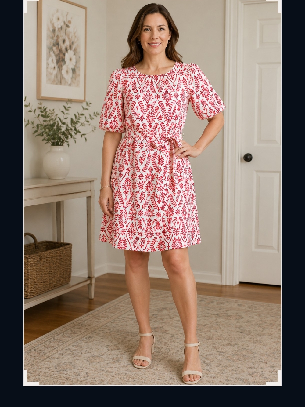 Ann Taylor Red and White Eyelet Embroidery Tie-Waist Knee Boxo Dress